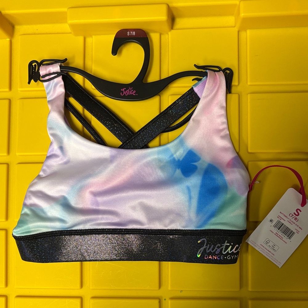 Justice Pastel Tie-Dye dance wear top. with Black Glitter Band
